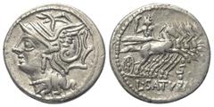 Roman Republican L. Appuleius Saturninus. Denar (Silber). 104 v. Chr. Rom. Vs: Kopf der Roma mit geflügeltem Greifenkopfhelm links. Rs: L SATVRN. Saturnus mit Harpa in Quadriga nach rechts fahrend, da