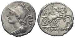 Roman Republican P. Servilius Rullus. Denar (Silber). 100 v. Chr. Rom. Vs: RVLLI. Büste der Minerva mit korinthischem Helm und Ägis links. Rs: P SERVILI M F. Victoria mit Palmzweig in Biga nach rechts