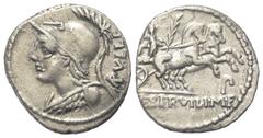 Roman Republican P. Servilius Rullus. Denar (Silber). 100 v. Chr. Rom. Vs: RVLLI. Büste der Minerva mit korinthischem Helm und Ägis links. Rs: P SERVILI M F. Victoria mit Palmzweig in Biga nach rechts
