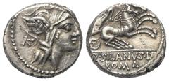 Roman Republican D. Iunius Silanus. Denar (Silber). 91 v. Chr. Rom. Vs: Kopf der Roma mit geflügeltem Helm rechts, dahinter Kontrollmarke. Rs: D SILANVS L F / ROMA. Victoria mit Zügeln in beiden Hände