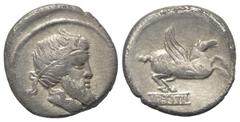 Roman Republican Q. Titius. Denar (Silber). 90 v. Chr. Rom. Vs: Bärtiger Kopf mit geflügeltem Diadem rechts. Rs: Pegasus nach rechts springend, darunter Basis mit der Inschrift Q TITI. 18 mm. 3,57 g. 