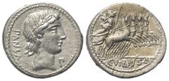Roman Republican C. Vibius Pansa. Denar (Silber). 90 v. Chr. Rom. Vs: PANSA. Kopf des Apollo mit Lorbeerkranz rechts, davor Kontrollmarke. Rs: C VIBIVS C F. Minerva mit Lanze und Tropaeum in Quadriga 