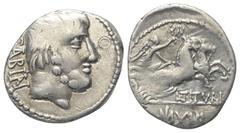 Roman Republican L. Titurius Sabinus. Denar (Silber). 89 v. Chr. Rom. Vs: SABIN. Bärtiger Kopf des Königs Tatius rechts. Rs: L TITVRI. Victoria mit Kranz in Biga nach rechts fahrend. Im Abschnitt Kont