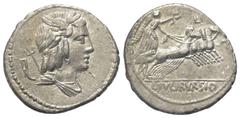 Roman Republican L. Iulius Bursio. Denar (Silber). 85 v. Chr. Rom. Vs: Drapierte Büste des Apollo Veiovis mit Flügel, Lorbeerkranz und Dreizack rechts, dahinter Beizeichen. Rs: L IVLI BVRSIO. Victoria