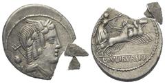 Roman Republican L. Iulius Bursio. Denar (Silber). 85 v. Chr. Rom. Vs: Drapierte Büste des Apollo Veiovis mit Flügel, Lorbeerkranz und Dreizack rechts, dahinter Beizeichen. Rs: L IVLI BVRSIO. Victoria