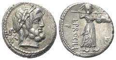 Roman Republican L. Procilius. Denar (Silber). 80 v. Chr. Rom. Vs: Kopf des Jupiter mit Lorbeerkranz rechts, dahinter S C. Rs: L PROCILI / F. Juno Sospita mit Speer und Schild nach rechts schreitend, 