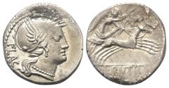 Roman Republican L. Rutilius Flaccus. Denar (Silber). 77 v. Chr. Rom. Vs: FLAC. Kopf der Roma mit geflügeltem Greifenkopfhelm rechts. Rs: L RVTILI. Victoria mit Kranz in galoppierender Biga nach recht
