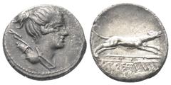 Roman Republican C. Postumius. Denar (Silber). 74 v. Chr. Rom. Vs: Drapierte Büste der Diana mit Bogen und Köcher über der Schulter rechts. Rs: C POSTVMI. Stilisierter Jagdhund nach rechts springend, 
