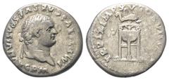 Roman Imperial Coinage Titus (79 - 81 n. Chr.). Denar (Silber). 80 n. Chr. Rom. Vs: IMP TITVS CAES VESPASIAN AVG P M. Kopf mit Lorbeerkranz rechts. Rs: TR P IX IMP XV COS VIII P P. Bändergeschmückter 