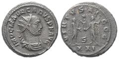 Roman Imperial Coinage Carus (282 - 283 n. Chr.). Antoninian (Kupfer). 283 n. Chr. Siscia. Vs: IMP C M AVR CARVS P F AVG. Büste mit Strahlenkrone, Paludament und Panzer rechts. Rs: VIRTVS AVGGG / XXI.
