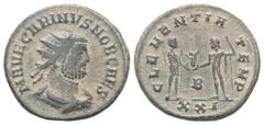 Roman Imperial Coinage Carinus (283 - 285 n. Chr.). Antoninian (Kupfer). 282 - 283 n. Chr. Cyzicus. Vs: M AVR CARINVS NOB CAES. Büste mit Strahlenkrone und Paludament rechts. Rs: CLEMENTIA TEMP / XXI.