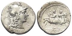 Roman Republican C. Servilius. Denar (Silber). 136 v. Chr. Rom. Vs: ROMA. Kopf der Roma mit geflügeltem Greifenkopfhelm rechts, dahinter Kranz und Wertzeichen. Rs: C SERVEILI M F. Die Dioscuren mit La