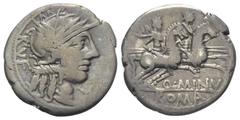Roman Republican Q. Minucius Rufus. Denar (Silber). 122 v. Chr. Rom. Vs: RVF. Kopf der Roma mit geflügeltem Helm rechts, davor Wertzeichen. Rs: Q MINV / ROMA. Die Dioscuren mit eingelegten Lanzen zu P