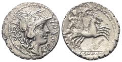 Roman Republican C. Malleolus (mit L. Licinius Crassus und Cn. Domitius Ahenobarbus). Denar (Silber). 118 v. Chr. Narbo. Vs: L PORCI LICI. Kopf der Roma mit geflügeltem Helm rechts, dahinter Wertzeich