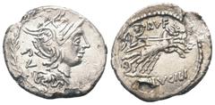 Roman Republican M. Lucilius Rufus. Denar (Silber). 101 v. Chr. Rom. Vs: Kopf der Roma mit geflügeltem Greifenkopfhelm rechts, dahinter PV; das Ganze in Lorbeerkranz. Rs: Victoria in galoppierender Bi