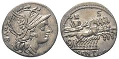 Roman Republican L. Sentius. Denar (Silber). 101 v. Chr. Rom. Vs: ARG PVB. Kopf der Roma mit geflügeltem Greifenkopfhelm rechts. Rs: L SENTI C F. Jupiter mit Szepter und Blitzbündel in galoppierender 