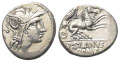 Roman Republican D. Iunius Silanus. Denar (Silber). 91 v. Chr. Rom. Vs: Kopf der Roma mit geflügeltem Helm rechts, dahinter Kontrollmarke. Rs: D SILANVS L F / ROMA. Victoria mit Zügeln in beiden Hände