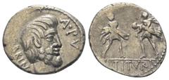 Roman Republican L. Titurius Sabinus. Denar (Silber). 89 v. Chr. Rom. Vs: SABIN A PV. Kopf des Sabinerkönigs Titus Tatius rechts. Rs: Der Raub der Sabinerinnen. Im Abschnitt: L TITVRI. 19 mm. 3,88 g. 