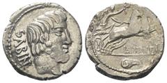 Roman Republican L. Titurius Sabinus. Denar (Silber). 89 v. Chr. Rom. Vs: SABIN. Bärtiger Kopf des Königs Tatius rechts. Rs: L TITVRI. Victoria mit Kranz in Biga nach rechts fahrend. Im Abschnitt Kont