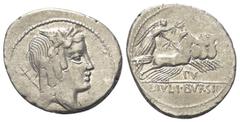 Roman Republican L. Iulius Bursio. Denar (Silber). 85 v. Chr. Rom. Vs: Drapierte Büste des Apollo Veiovis mit Flügel, Lorbeerkranz und Dreizack rechts, dahinter Beizeichen. Rs: L IVLI BVRSIO. Victoria