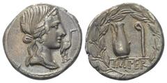 Roman Republican Q. Caecilius Metellus Pius. Denar (Silber). 81 v. Chr. Münzstätte in Norditalien. Vs: Kopf der Pietas mit Diadem rechts, davor Storch rechts. Rs: Kanne und Lituus, im Abschnitt: IMPER