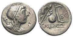 Roman Republican Cn. Cornelius Lentulus Marcellinus. Denar (Silber). 76 - 75 v. Chr. Münzstätte in Spanien (?). Vs: Drapierte Büste des Genius Populi Romani mit Diadem rechts, dahinter Szepter, darübe