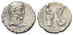 Roman Republican L. Roscius Fabatus. Denar (Silber). 64 v. Chr. Rom. Vs: L ROSCI. Kopf der Juno Sospita mit Ziegenfellkappe rechts, dahinter Kontrollmarke. Rs: FABATI. Mädchen in langem Gewand nach re