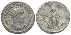 Roman Imperial Coinage Philippus I. Arabs (244 - 249 n. Chr.). Antoninian (Silber). 244 n. Chr. Rom. Vs: IMP M IVL PHILIPPVS AVG. Büste mit Strahlenkrone, Paludament und Panzer rechts. Rs: SALVS AVG. 