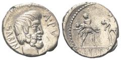 Roman Republican L. Titurius Sabinus. Denar (Silber). 89 v. Chr. Rom. Vs: SABIN A PV. Kopf des Sabinerkönigs Titus Tatius rechts. Rs: Der Raub der Sabinerinnen. Im Abschnitt: L TITVRI. 18 mm. 3,65 g. 