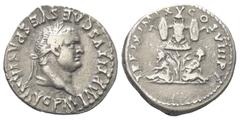 Roman Imperial Coinage Titus (79 - 81 n. Chr.). Denar (Silber). 80 n. Chr. Rom. Vs: IMP TITVS CAES VESPASIAN AVG P M. Kopf mit Lorbeerkranz rechts. Rs: TR P IX IMP XV COS VIII P P. Tropaeum mit Rüstun
