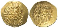 Byzantine Michael VIII. Palaeologus (1258 - 1282 n. Chr.). Hyperpyron nomisma (Gold). Constantinopolis. Vs: Brustbild der betenden Jungfrau Maria orans in sechstorigem Mauerkranz en face. Rs: Christus