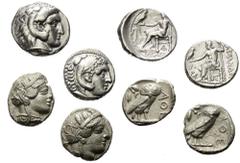 Lots - Ancient Coins Griechische Münzen - Lots. Alexander III. (Königreich Makedonien) / Athen (Attika) / Seleukos I. (Königrecih der Seleukiden). Lot (4 Stück, Silber): Tetradrachme; 5. - 3. Jhdt. v.