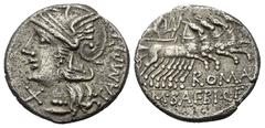 Roman Republican M. Baebius Tampilus. Denar (Silber). 137 v. Chr. Rom. Vs: TAMPIL. Kopf der Roma mit geflügeltem Helm links, davor Wertzeichen. Rs: ROMA / M BAEBI Q F. Apollo mit Zweig und Bogen in ga