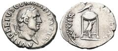 Roman Imperial Coinage Vitellius (69 n. Chr.). Denar (Silber). 69 n. Chr. Rom. Vs: A VITELLIVS GERMAN IMP TR P. Kopf rechts. Rs: XV VIR SACR FAC. Dreifuß mit Löwenfüßen, auf der Querstrebe Rabe nach r