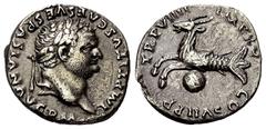 Roman Imperial Coinage Titus (79 - 81 n. Chr.). Denar (Silber). 79 n. Chr. (nach dem 1. Juli). Rom. Vs: IMP TITVS CAES VESPASIAN AVG P M. Kopf mit Lorbeerkranz rechts. Rs: TR P VIIII - IMP XV - COS VI