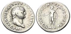 Roman Imperial Coinage Titus (79 - 81 n. Chr.). Denar (Silber). 79 - 80 n. Chr. Rom. Vs: IMP TITVS CAES VESPASIAN AVG P M. Kopf mit Lorbeerkranz rechts. Rs: BONVS EVENTVS AVGVSTI. Bonus Eventus mit Pa