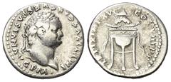 Roman Imperial Coinage Titus (79 - 81 n. Chr.). Denar (Silber). 80 n. Chr. Rom. Vs: IMP TITVS CAES VESPASIAN AVG P M. Kopf mit Lorbeerkranz rechts. Rs: TR P IX IMP XV COS VIII P P. Bändergeschmückter 