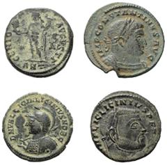 Lots - Ancient Coins Römische Münzen - Lots. Kaiserzeit. Lot (4 Stück, Bronze): Folles des Constantinus I. (307 - 337 n. Chr.), Licinius I. (308 - 324 n. Chr.), Maximinus II. Daia (310 - 313 n. Chr.) 