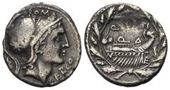 Roman Republican Q. Lutatius Cerco. Denar (Silber). 109 oder 108 v. Chr. Rom. Vs: ROMA / CERCO. Kopf der Roma mit federgeschmücktem Helm rechts, dahinter Stern. Rs: Q LVATI. Galeere rechts, der Bug mi