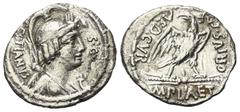 Roman Republican M. Plaetorius Cestianus. Denar (Silber). 67 v. Chr. Rom. Vs: CESTIANVS / S C. Drapierte Büste einer Gottheit rechts mit Attributen von Isis, Minerva, Apollo, Diana und Victoria, im Fe