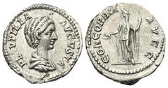 Roman Imperial Coinage Plautilla (gest. 211 n. Chr.). Denar (Silber). 202 n. Chr. (unter Caracalla). Rom. Vs: PLAVTILLA AVGVSTA. Drapierte Büste rechts. Rs: CONCORDIA AVGG. Concordia mit Patera und Sz