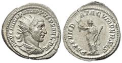 Roman Imperial Coinage Philippus I. Arabs (244 - 249 n. Chr.). Antoninian (Silber). 244 - 245 n. Chr. Antiochia. Vs: IMP C M IVL PHILIPPVS P F AVG P M. Büste mit Strahlenkrone, Paludament und Panzer r