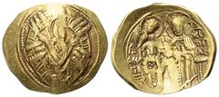 Byzantine Michael VIII. Palaeologus (1258 - 1282 n. Chr.). Hyperpyron nomisma (Gold). Constantinopolis. Vs: Brustbild der betenden Jungfrau Maria orans in sechstorigem Mauerkranz en face; im Feld link
