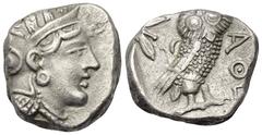 Greek Attika. Athen. Tetradrachme (Silber). Ca. 353 - 294 v. Chr. Vs: Kopf der Athena mit ölzweiggeschmücktem attischem Helm, Ohranhänger und Halskette rechts. Rs: Eule nach rechts stehend, Kopf en fa