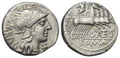 Roman Republican L. Antestius Gragulus (136 v. Chr.). Denar (Silber). 136 v. Chr. Rom. Vs: GRAG. Kopf der Roma mit geflügeltem Greifenkopfhelm rechts, davor Wertzeichen. Rs: L ANTES / ROMA. Jupiter mi