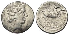 Roman Republican Q. Titius (90 v. Chr.). Denar (Silber). 90 v. Chr. Rom. Vs: Kopf des Bacchus (Liber) mit Efeukranz rechts. Rs: Pegasus nach rechts springend, darunter Basis mit der Inschrift Q TITI. 