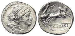 Roman Republican T. Carisius (46 v. Chr.). Denar (Silber). 46 v. Chr. Rom. Vs: Büste der Victoria rechts. Rs: T CARISI. Victoria mit Kranz in Biga nach rechts fahrend. 17 mm. 3,83 g. Cr. 464/4; Syd. 9