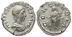Roman Imperial Coinage Iulia Aquilia Severa. Denar (Silber). 220 - 221 n. Chr. Rom. Vs: IVLIA AQVILIA SEVERA AVG. Drapierte Büste rechts. Rs: CONCORDIA. Concordia mit Doppelfüllhorn nach links stehend