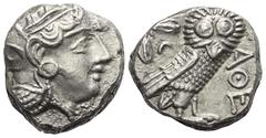 Greek Attika. Athen. Tetradrachme (Silber). Ca. 353 - 294 v. Chr. Vs: Kopf der Athena mit ölzweiggeschmücktem attischem Helm, Ohranhänger und Halskette rechts. Rs: Eule nach rechts stehend, Kopf en fa