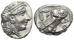 Greek Attika. Athen. Tetradrachme (Silber). Ca. 353 - 294 v. Chr. Vs: Kopf der Athena mit ölzweiggeschmücktem attischem Helm, Ohranhänger und Halskette rechts. Rs: Eule nach rechts stehend, Kopf en fa